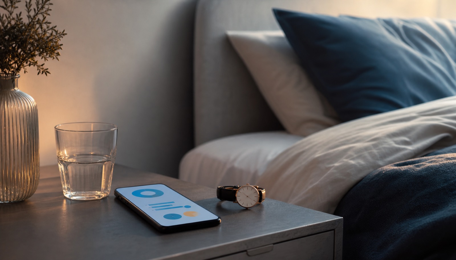 An iPhone on a bedside table displaying an abstract private health summary