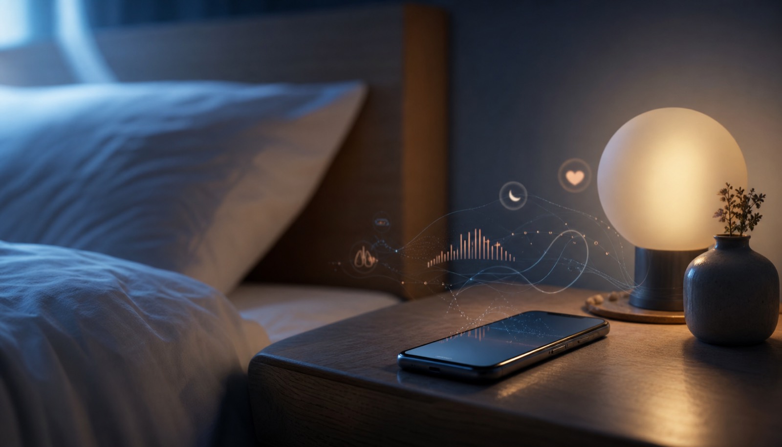 An Android phone beside a bed with softly connected health data shapes