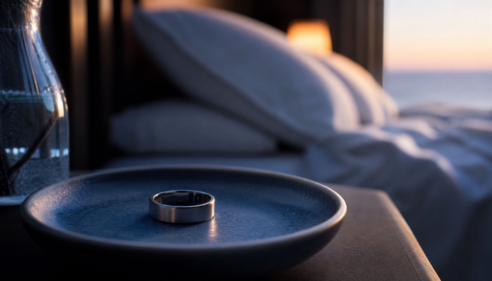 A smart ring resting on a blue ceramic dish beside a bed