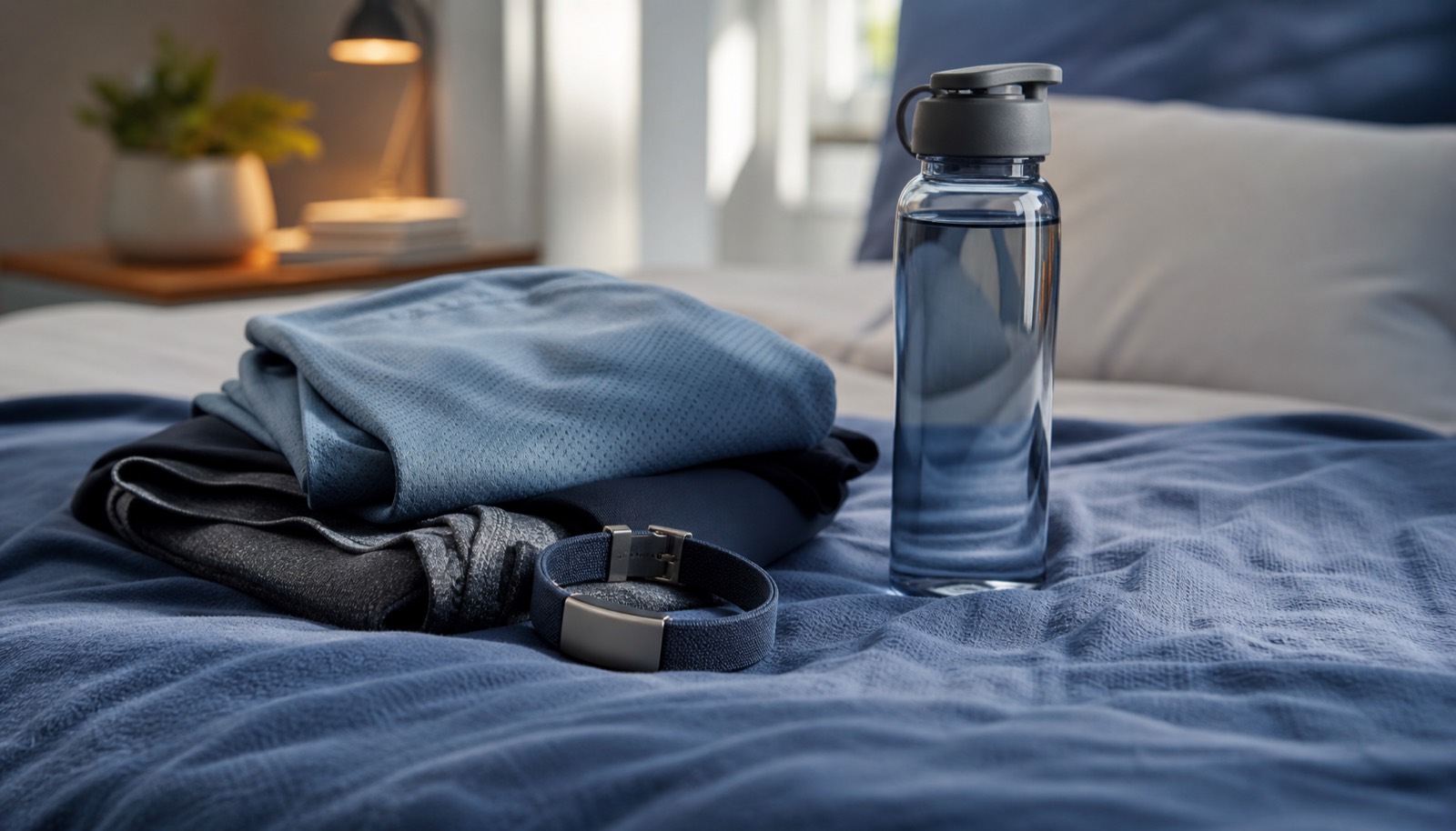 A fitness band resting beside folded running clothes in morning light