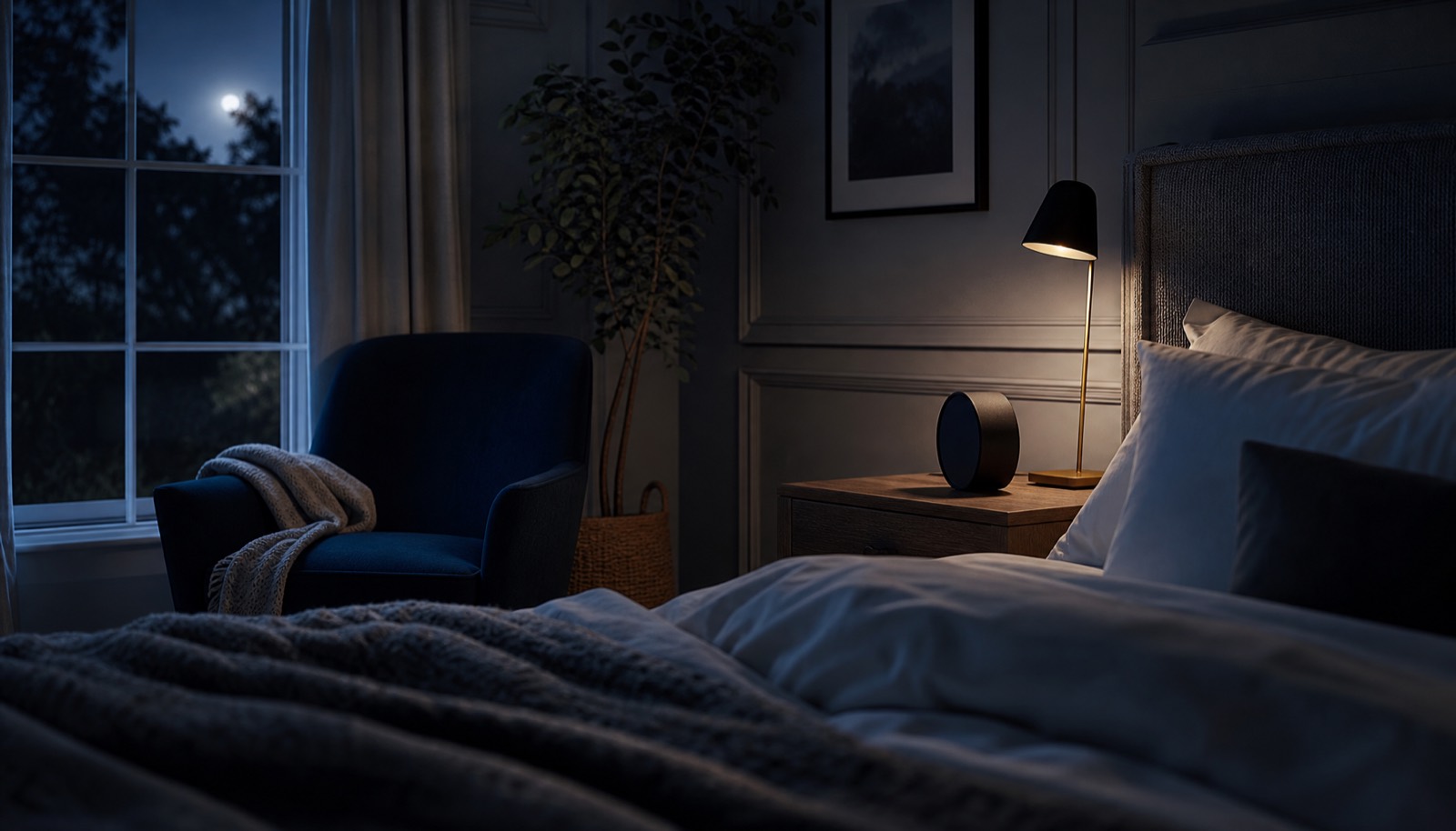 A dim bedroom at 3 a.m. with the clock turned away from the bed