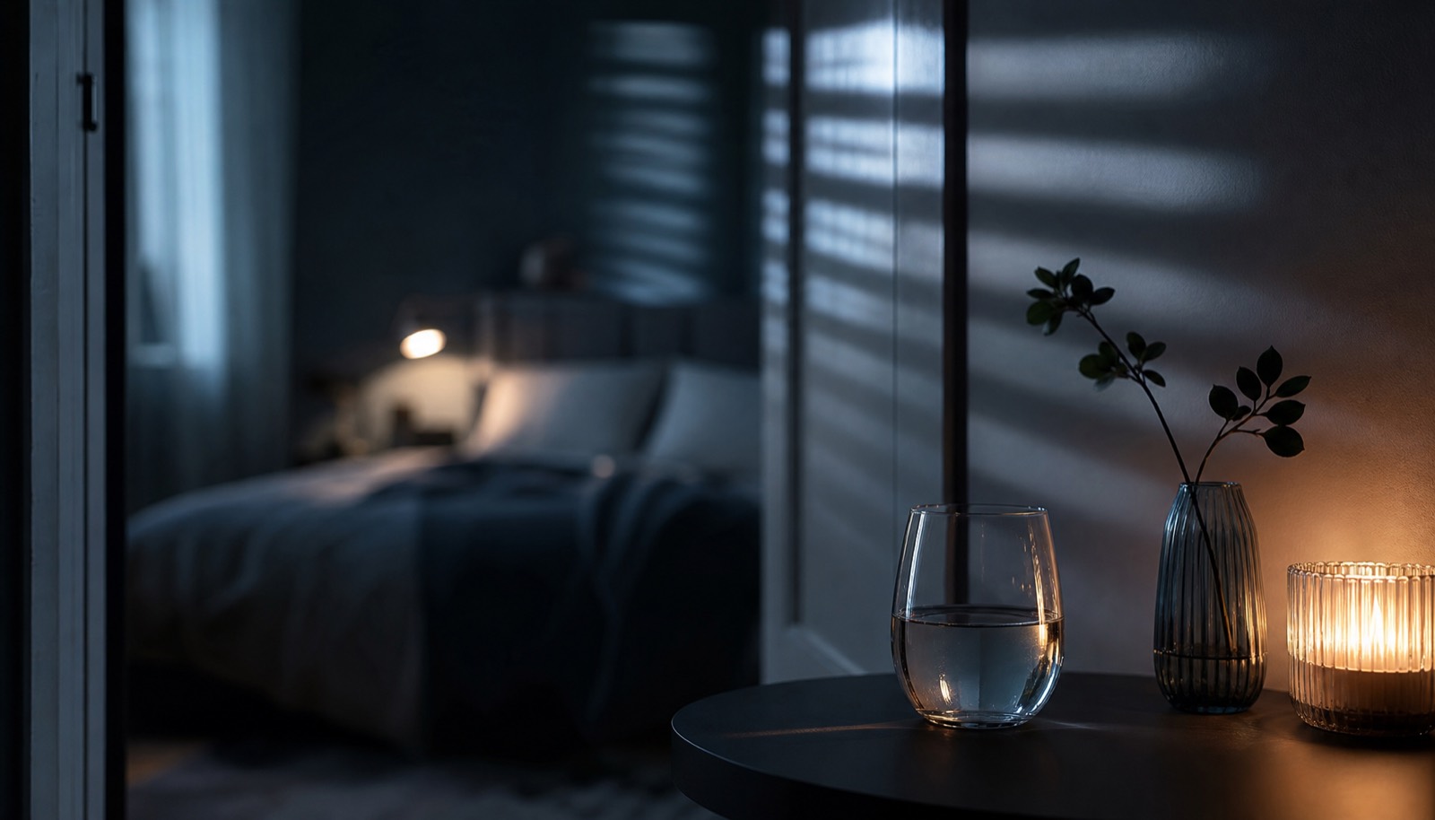 An untouched evening drink on a table outside a peaceful bedroom
