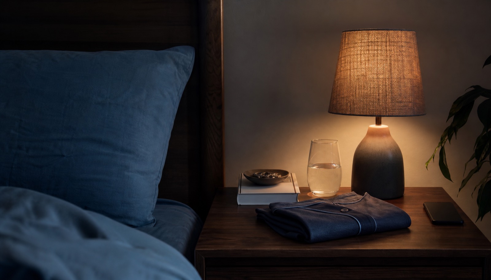 A bedside table with a book, warm lamp, and glass of water ready for the night