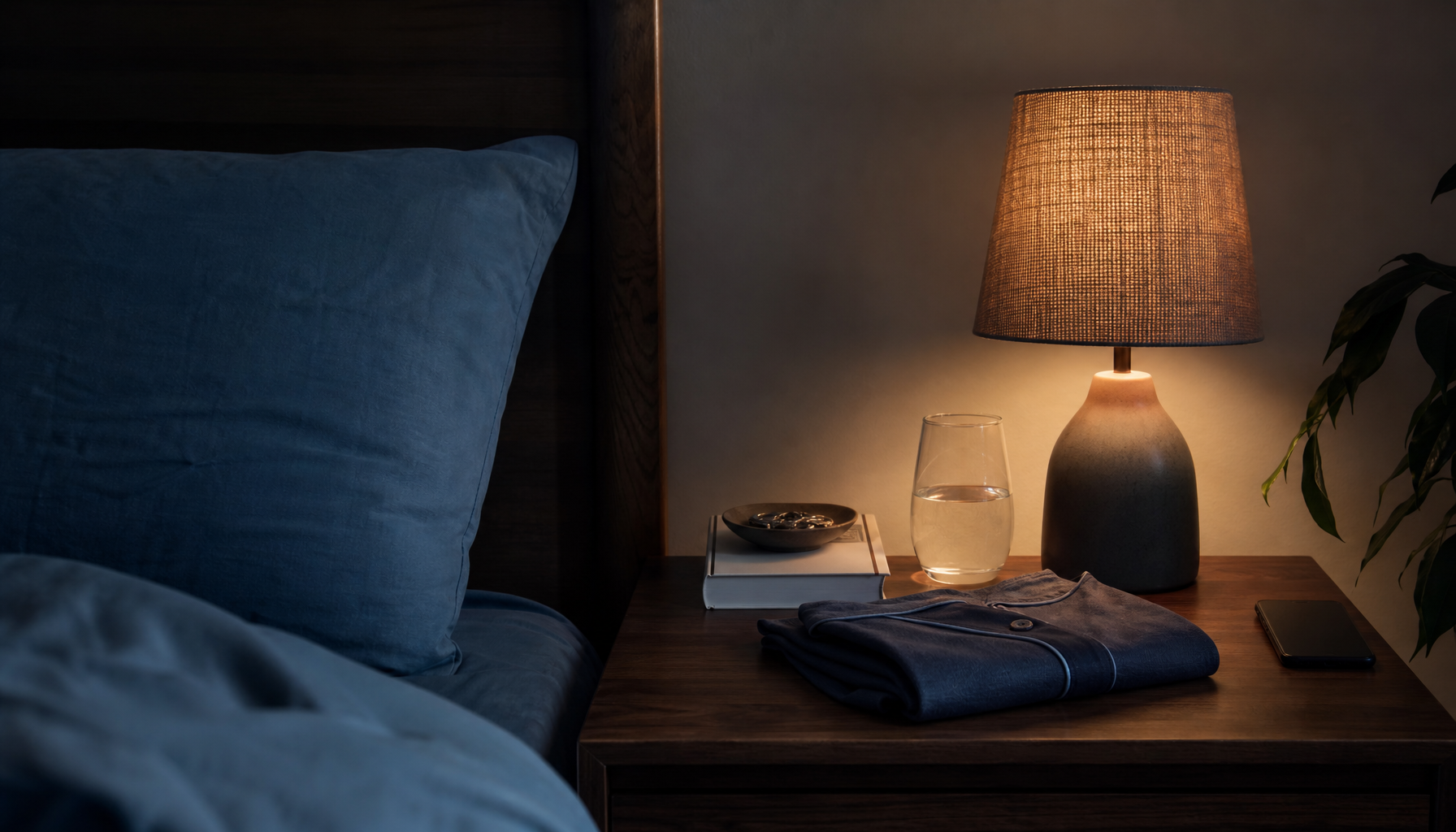 A bedside table with a book, warm lamp, and glass of water ready for the night