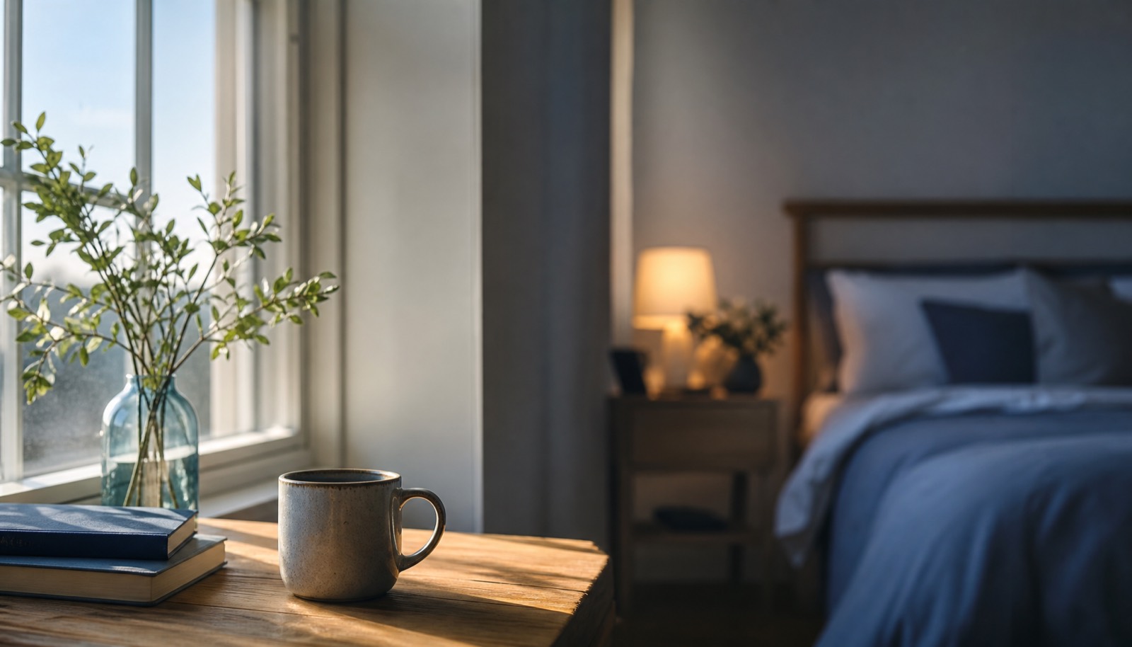 A morning coffee cup beside a sunlit window and an evening clock in soft focus