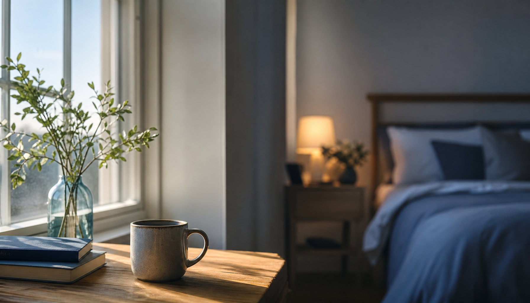 A morning coffee cup beside a sunlit window and an evening clock in soft focus