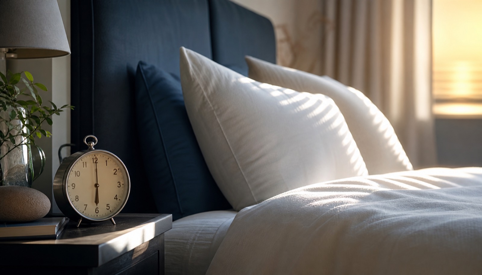 Soft morning light reaching a neatly made bed beside a simple alarm clock