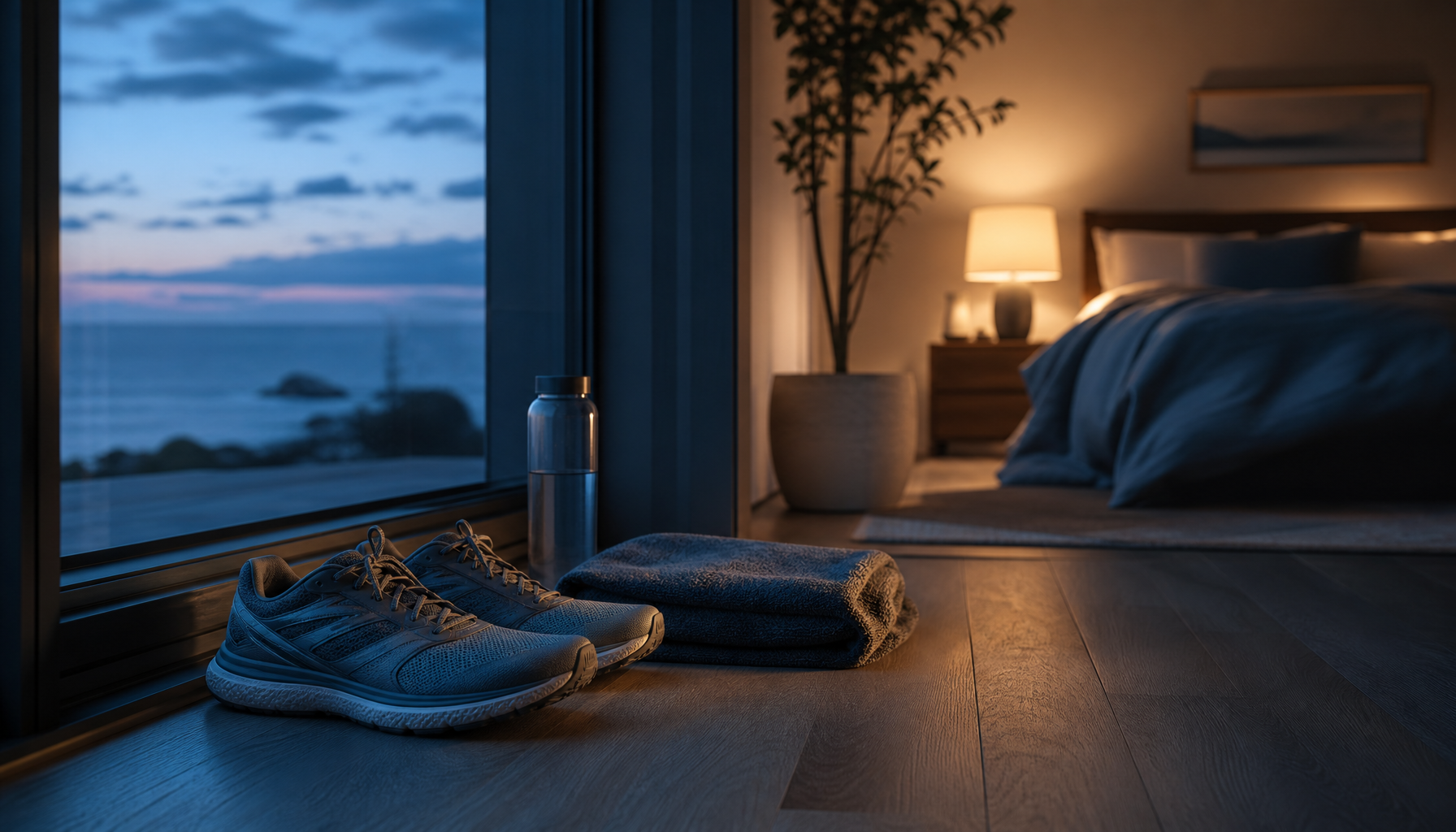Running shoes resting by a window as evening blue light settles outside