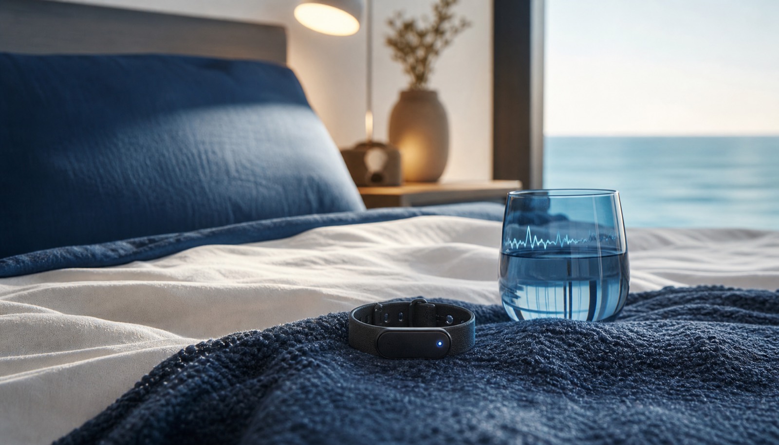 A wearable showing a subtle HRV trend beside a calm morning bed