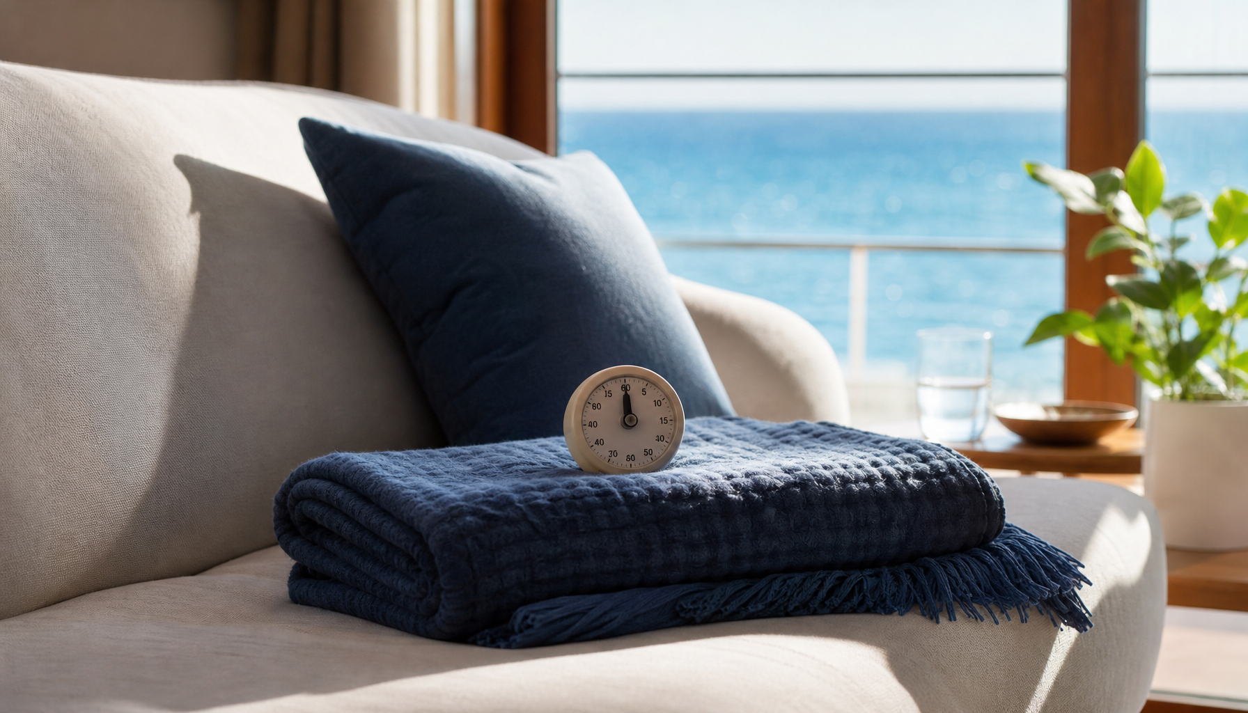 A sunlit sofa with a folded blanket prepared for a short afternoon nap