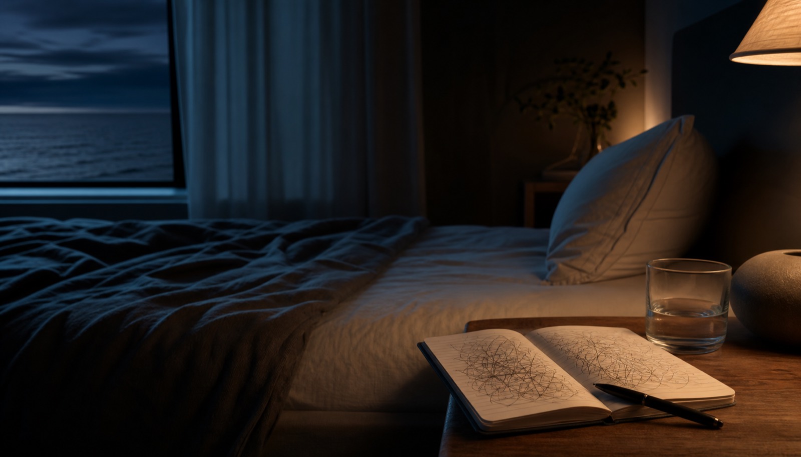 A notebook with unfinished thoughts beside a quiet bed under low amber light