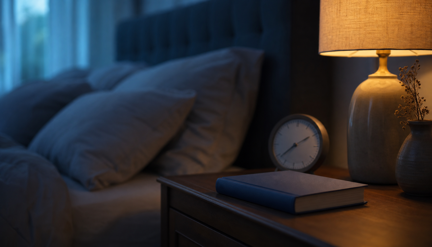 A bedside book and dim amber lamp in a calm blue bedroom