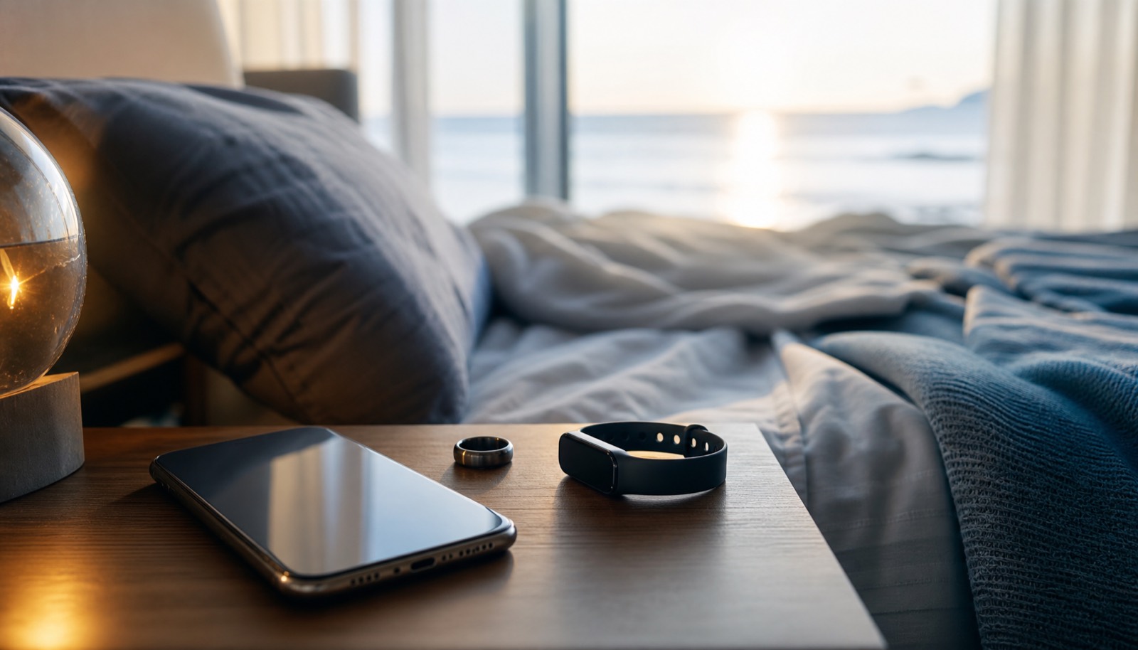 A phone, smart ring, and fitness band arranged calmly beside a bed at first light