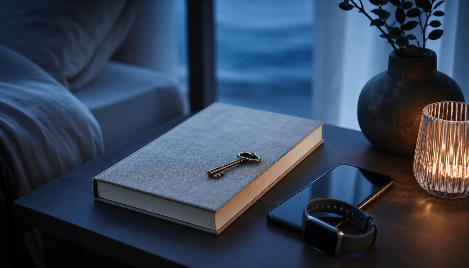 A phone and health wearable beside a closed privacy journal in soft blue light