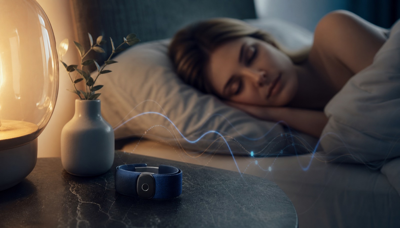 A bedside wearable surrounded by subtle blue sleep and recovery signals