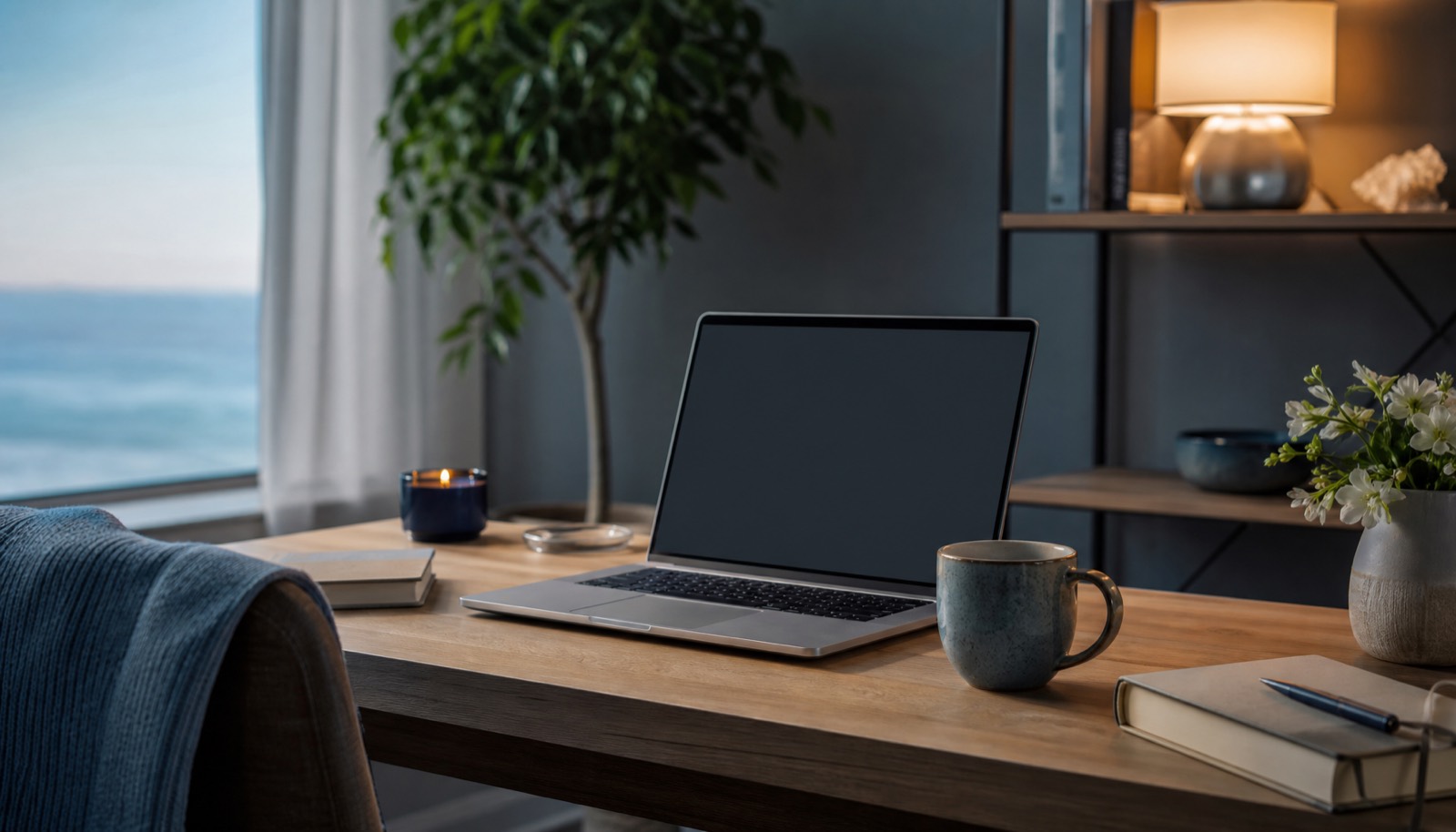 A warm support desk with a laptop, notebook, and soft blue morning light