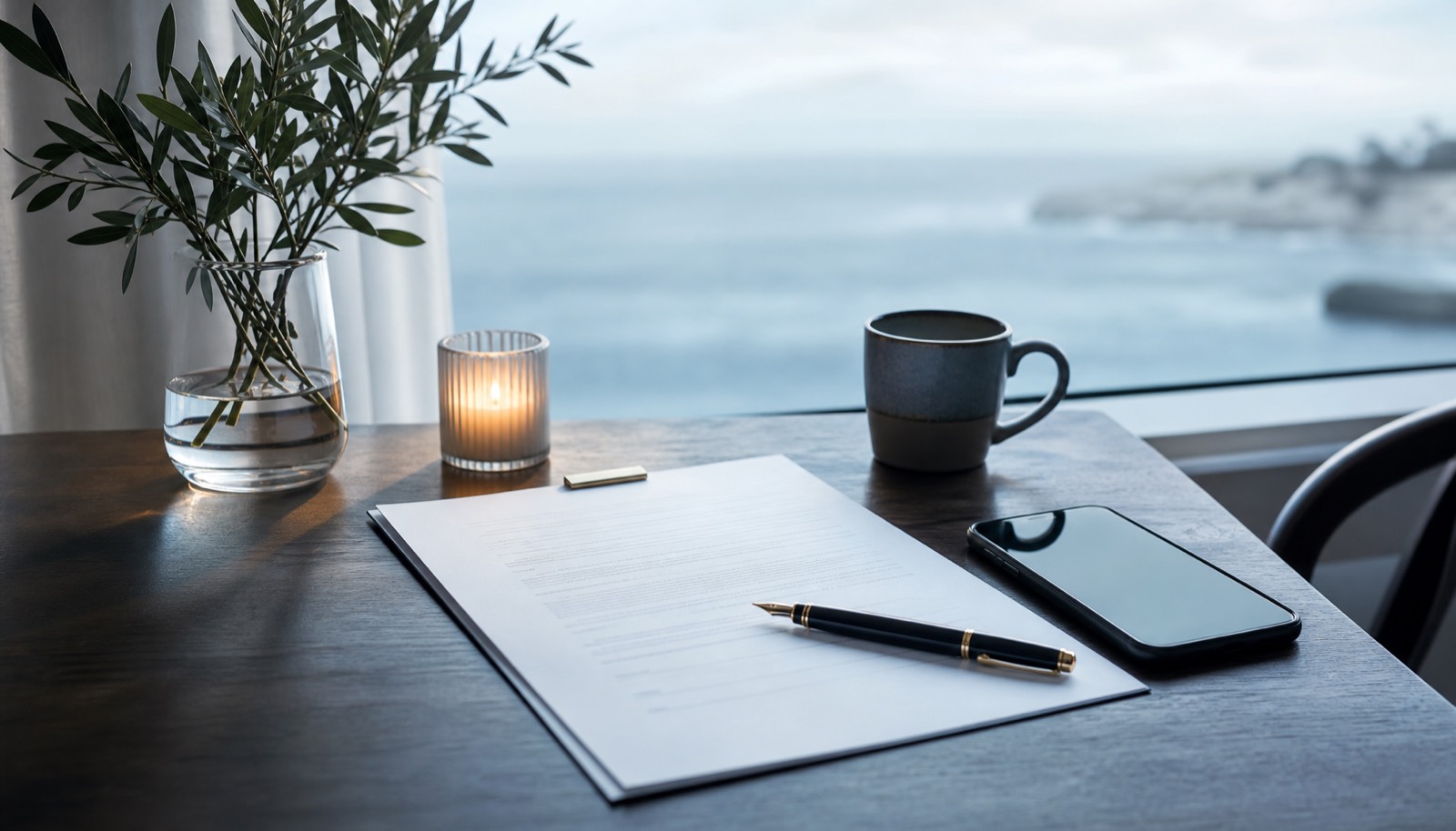A signed terms document beside a phone in calm blue morning light
