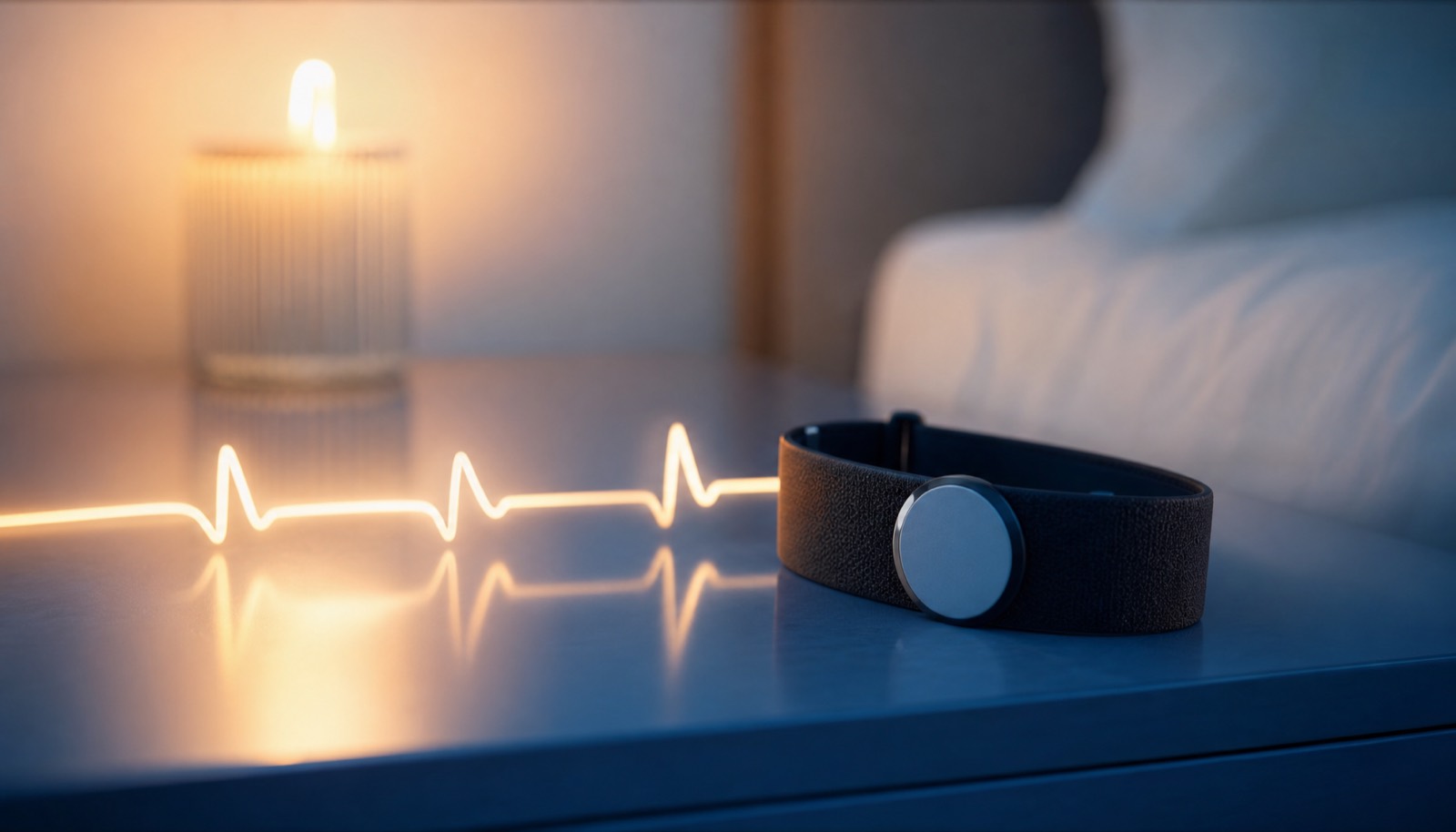 A soft pulse waveform reflected across a calm blue bedside surface