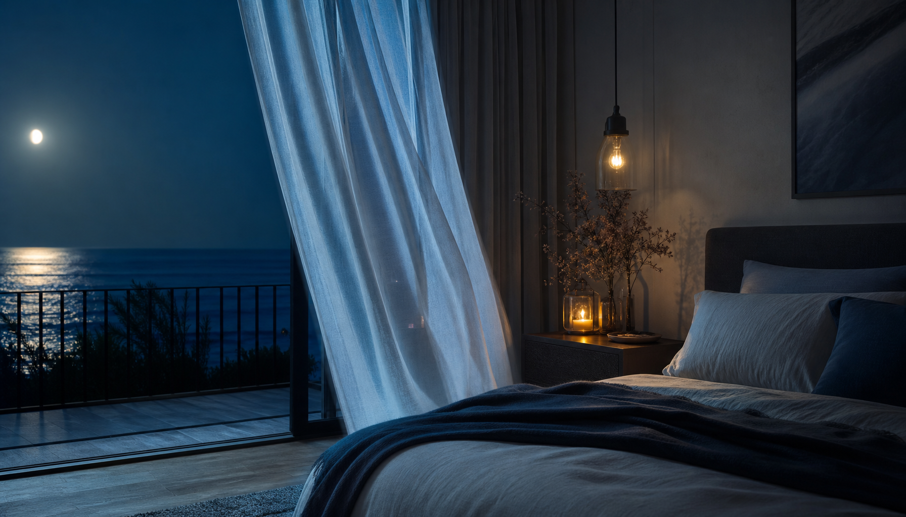 Sheer curtains moving gently with the rhythm of a nighttime breeze