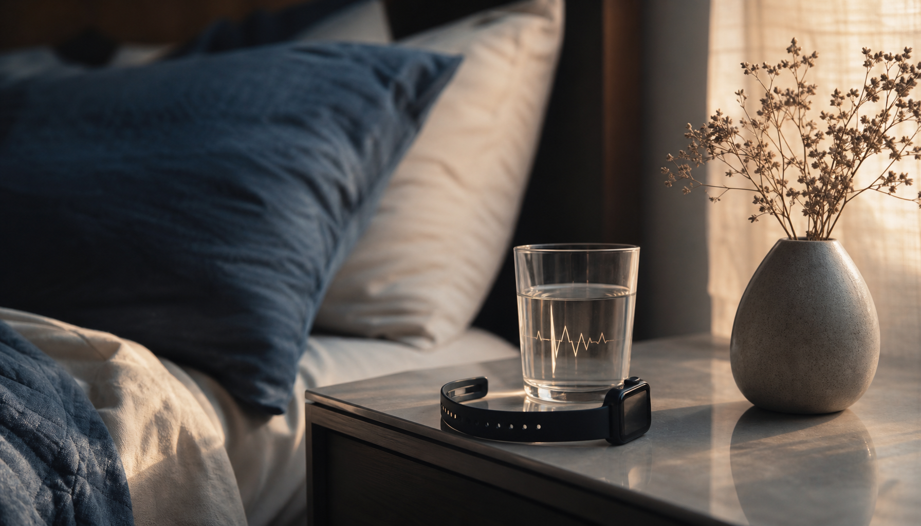 A quiet bedside scene with a subtle heart rhythm shown in reflected light