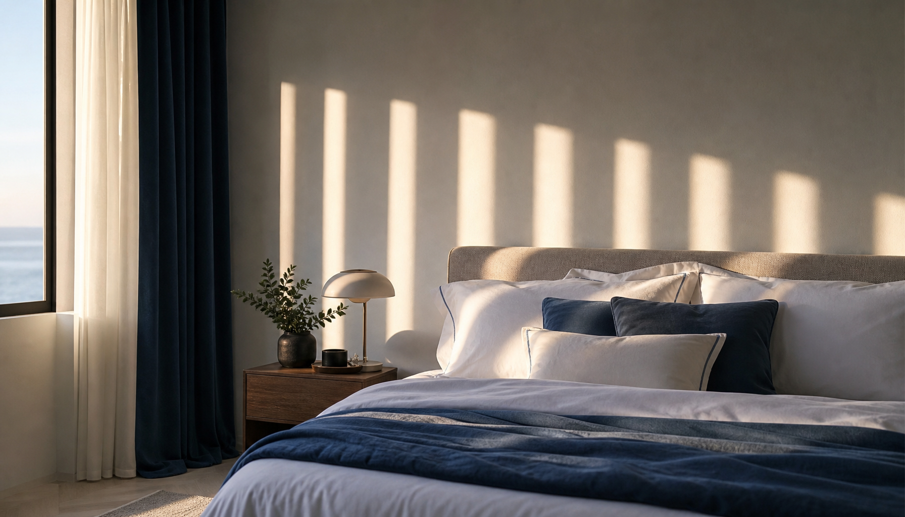 Repeated pools of morning light aligned across a calm bedroom wall