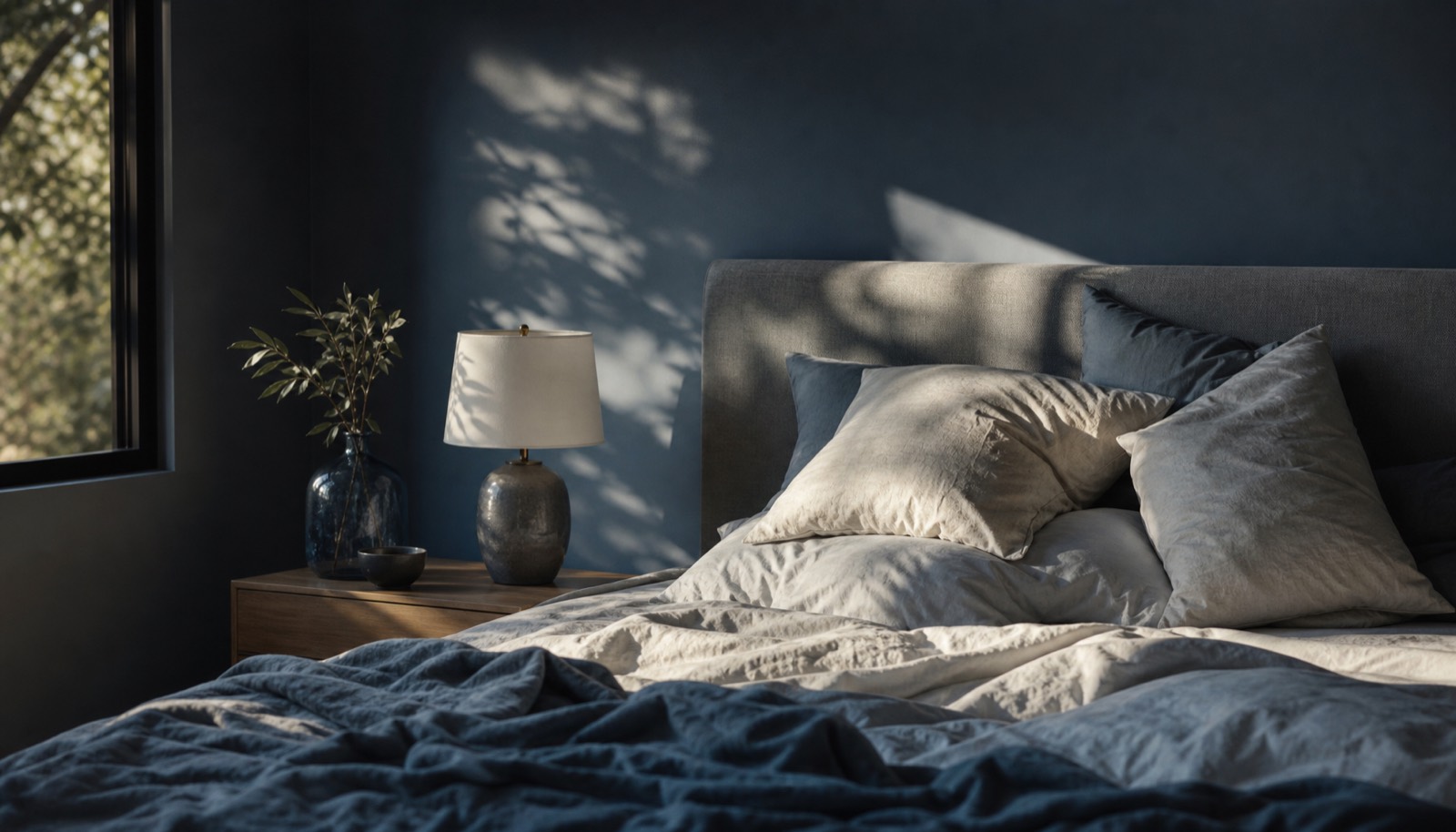 A series of morning shadows crossing an unmade bed